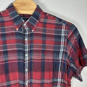 Ralph Lauren‎ Mens XXL Classic Fit Linen Red Blue Plaid Short Sleeve Button Down